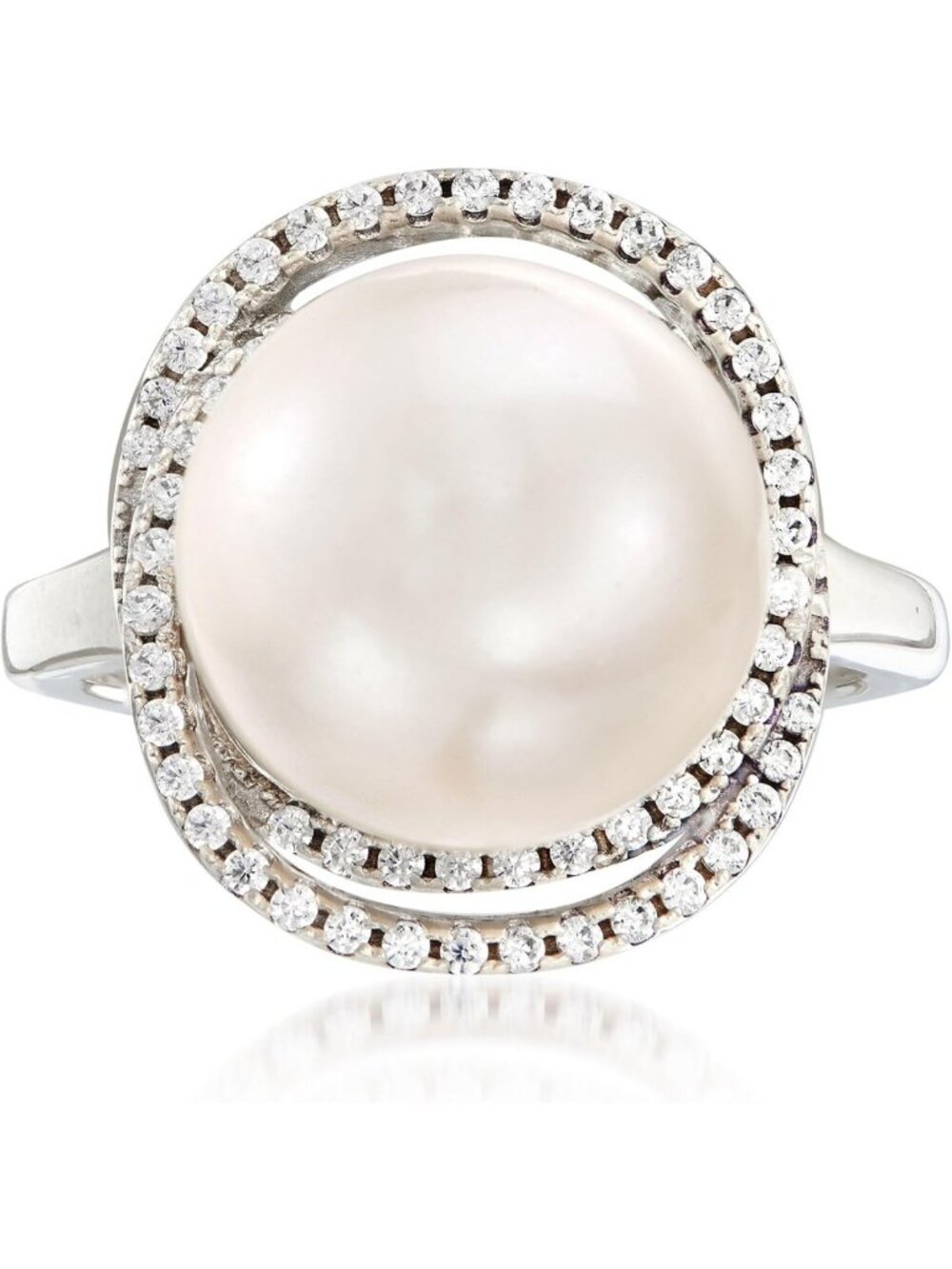 Elegant 12mm Cultured Pearl & .70 ct. t.w. CZ Ring in Sterling Silver - Size